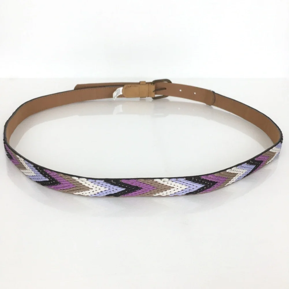 Women’s Thin Boho Belt Chevron Embroidered Multi Colored Purple Brown Size 13